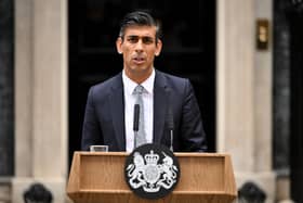 British Prime Minister Rishi Sunak makes a statement after taking office outside Number 10 in Downing Street on October 25, 2022 in London, England. Rishi Sunak will take office as the UK's 57th Prime Minister today after he was appointed as Conservative leader yesterday. He was the only candidate to garner 100-plus votes from Conservative MPs in the contest for the top job. He said his aim was to unite his party and the country. (Photo by Leon Neal/Getty Images)