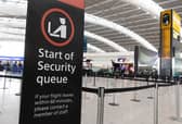 A sign indicating the start of the security queue during a strike by security workers at London Heathrow Airport in London, UK, on Friday, March 31, 2023. IAG SAsÂ British AirwaysÂ is set to scrap 320 flights during the Easter week as security workers strike for 10-days over pay. Photographer: Chris Ratcliffe/Bloomberg via Getty Images