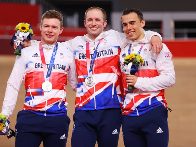 Silver medalists Jack Carlin, Jason Kenny and Ryan Owens of Team Great Britain, pose on the podium during the medal ceremony (Getty Images)