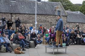 Graham Linehan performs outside Scottish Parliament days after Edinburgh Fringe cancelled Father Ted creator