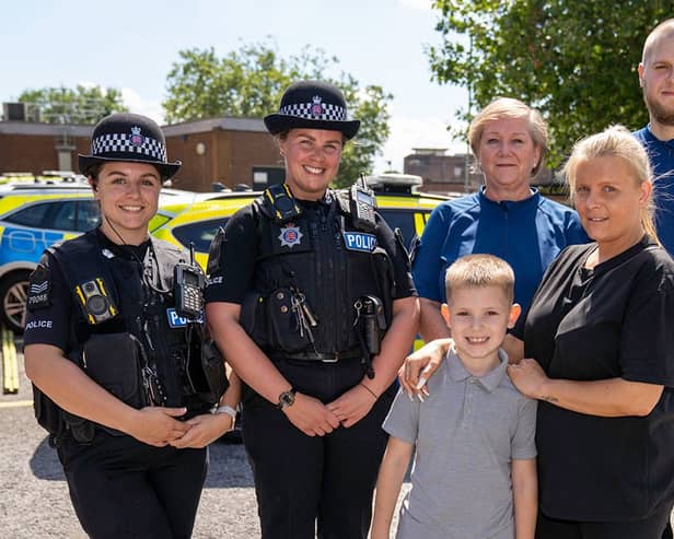 Left to right: (back row) Thurrock Engagement Sergeant, Amelia Moore, Thurrock Children and Young Person's officer, Rachael Johns, Essex Police call taker, Ruth Potts, Essex Police Control Room Supervisor, Adam Taylor. Front row: Ronnie-Lee Gray and his mum Becky