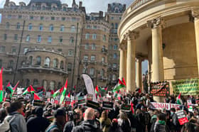 March For Palestine protesters outside All Souls Langham Place, near the BBC's Portland Place headquarters. (Photo by André Langlois)