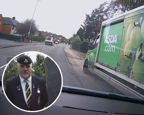 The Asda van after the collision and inset, Erich Modrowics of Hinkley, Leicestershire