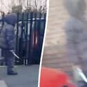 The moment a hooded knifeman casually walked down the street brandishing a huge blade near a Birmingham primary school. Picture:  Birmz Is Grime / SWNS