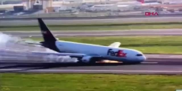 Boeing 767 crashes into runway during emergency landing.