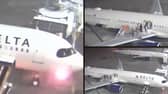 Plane's nose catches fire and passengers evacuate on slide.
