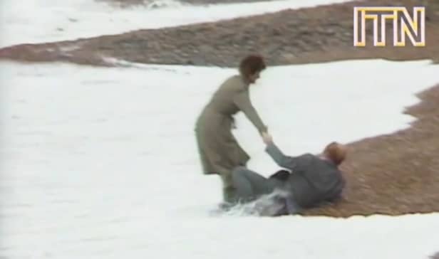 Neil Kinnock falls over on Brighton seafront in 1983.