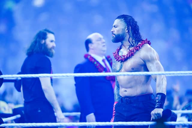 Roman Reigns looks on prior to the WWE and Universal Championship matchduring the WWE Royal Rumble at the Alamodome on January 28, 2023 in San Antonio, Texas. (Photo by Alex Bierens de Haan/Getty Images)
