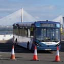 One of the five Alexander Dennis Enviro200AV vehicles being used across the Forth Road Bridge near Edinburgh. Picture: Andrew Milligan/PA Wire 