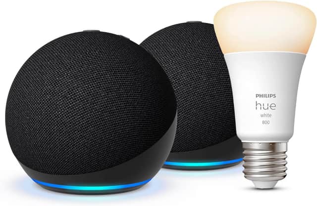 The bundle includes two smart speakers and a Philips hue bulb