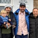 Bethany Fletcher and partner Dylan Naylor with kids Theo and Louis, and actor Stephen Graham, outside their home used for filming in hit Netflix series Adolescence.