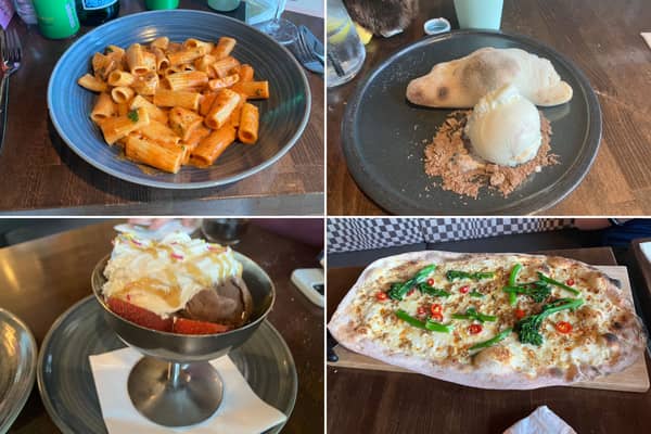 Prezzo's Easter menu, which includes, clockwise from top left: pasta alla vodka; Creme Egg calzone, Tuscan sausage and broccoli pizza; a children's sundae