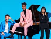 (L-R) Mika, Jon Batiste, Claudia Winkleman on The Piano