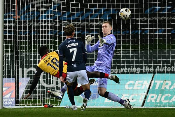 Terry Ablade scores with virtually the last kick of the ball for Partick Thistle against Falkirk