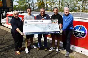 Seagull Trust reps Janice Baillie, John Sime and Donald Paterson with Falkirk duo Dylan Tait and Aidan Nesbitt
