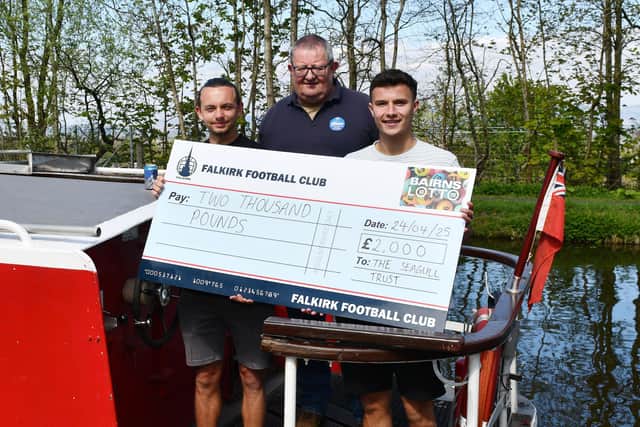 Seagull Cruises Trust chair John Sime with Falkirk duo Aidan Nesbitt and Dylan Tait 