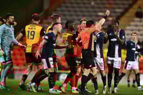Referee Matthew MacDermid sends Alfredo Agyeman off
