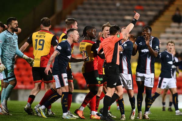 Referee Matthew MacDermid sends Alfredo Agyeman off