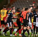 Referee Matthew MacDermid sends Alfredo Agyeman off