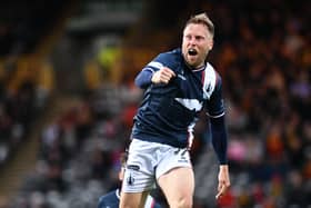 Scott Arfield celebrates scoring for Falkirk against Partick Thistle last time out