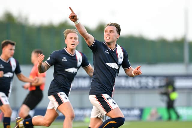 Falkirk winger Ethan Ross wheels away after scoring to level the match against Hamilton Accies on Friday night