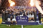 Falkirk lift the Scottish Championship trophy after the 3-1 final night win over Hamilton Accies