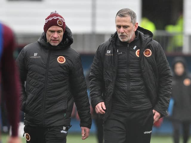 Stenhousemuir management team duo Brown Ferguson and Gary Naysmith on the touchline