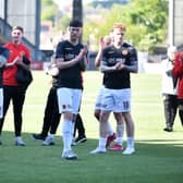 Stenhousemuir's squad applaud the travelling Warriors' support after Saturday's Scottish Championship play-off exit