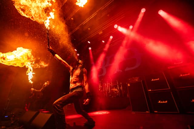Norwegian black metal act 1349 perform fire-breathing stunt to warm up the crowd at Scarborough Spa