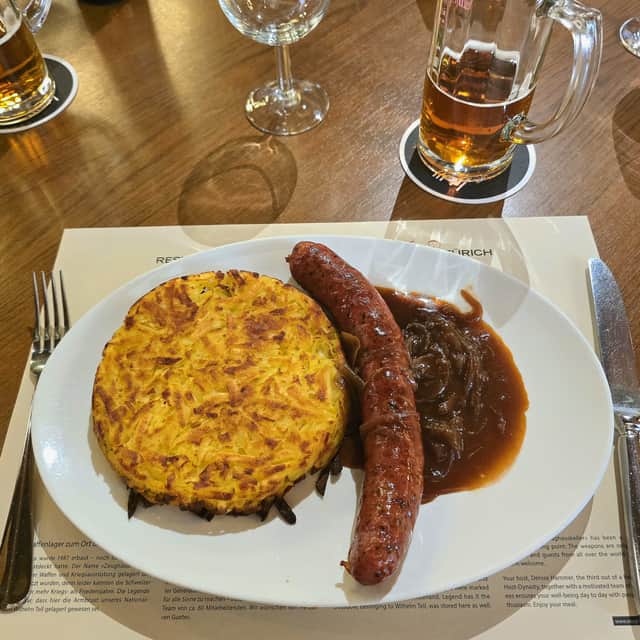 Traditional Swiss sausage and Rosti in Zurich