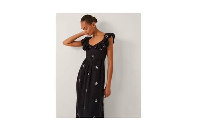 Monsoon – Daisy Frill Embroidered Midi Dress in Black