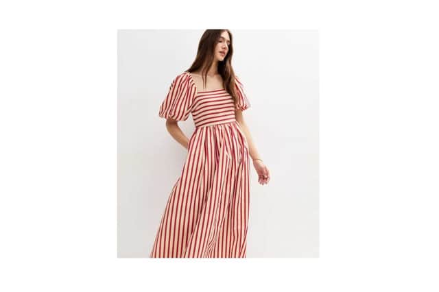 New Look – Red Striped Woven Puff Sleeve Milkmaid Midi Dress