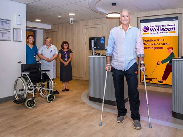 Dr Hilary Jones prepares to leave the Practice Plus Group Hospital in Birmingham after his hip replacement surgery.