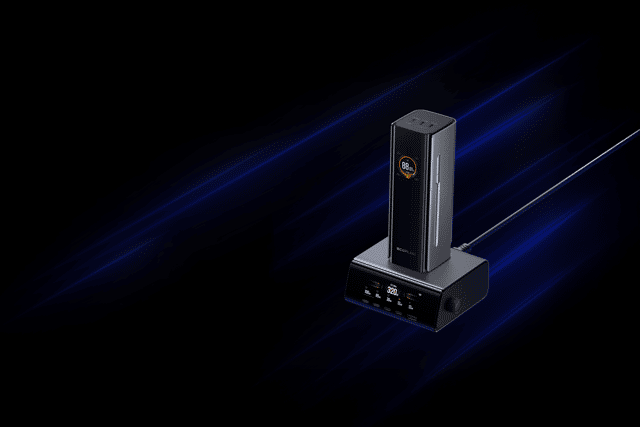 Connect it to a Rapid Pro Desktop Charger and you can top it up at a crazy 320 watts