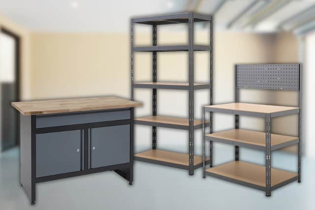 A smart, space-saving setup combining BiGDUG heavy-duty shelving and workbenches to maximise storage and workspace in a compact shed