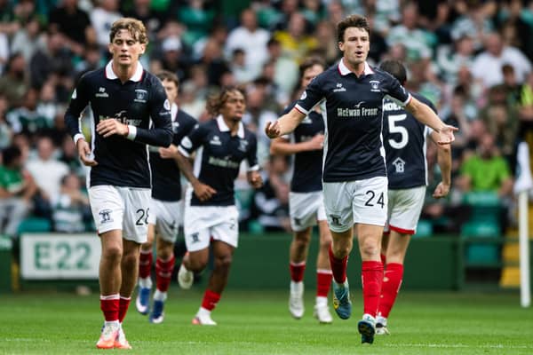 Jacob Murrell celebrates Falkirk getting a goal back against Celtic