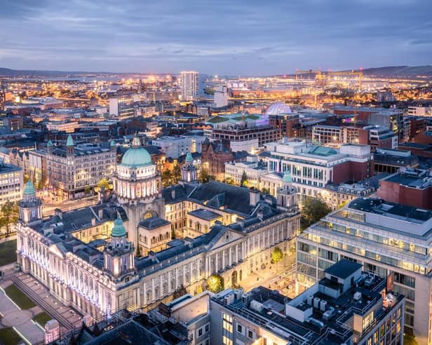Belfast laid out below in all its glory, with sweeping views across the city from the Grand Central Hotel.