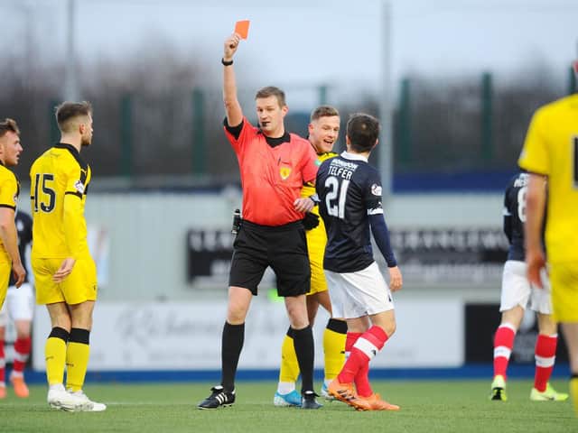 Charlie Telfer is ordered off in the first half. Picture: Michael Gillen.