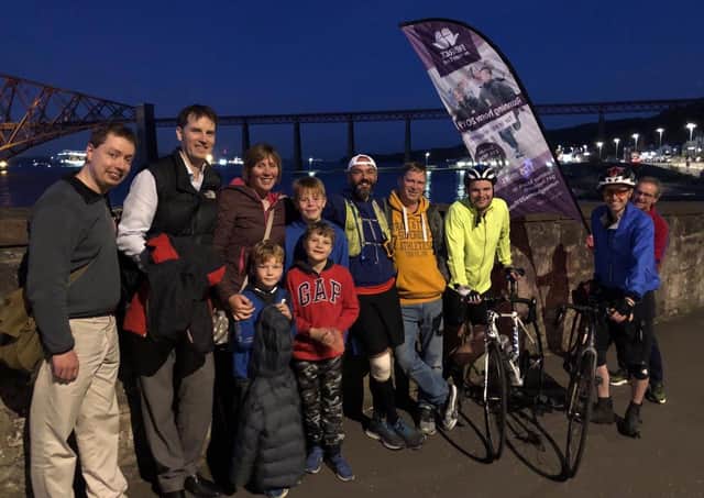 Hero's welcome...family and friends met Mark Calder at the Forth Bridges to celebrate his achievement, on the final leg of his mammoth Running Home 2019 challenge.