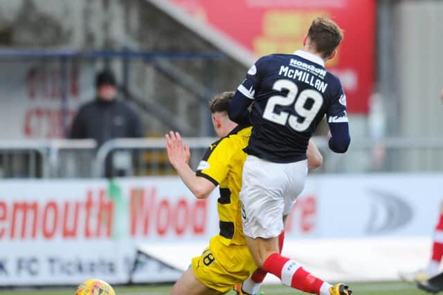 The striker went close but was moved out of position against Raith Rovers. Picture: Michael Gillen.