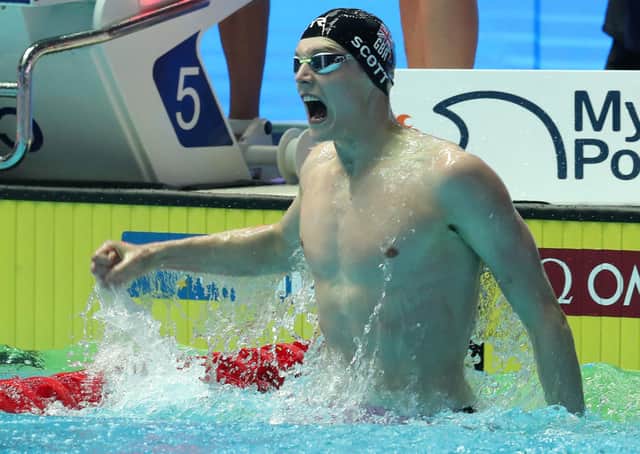Duncan Scott  celebrates winning the gold medal on day eight of the Gwangju 2019 FINA World Championships . (Photo by Catherine Ivill/Getty Images)