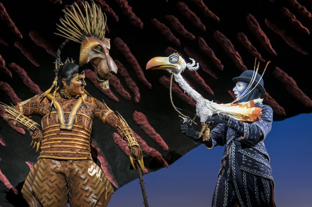 Richard Hurst (Scar) and Matthew Forbes (Zazu) in Disney's The Lion King. Pic: Disney.
