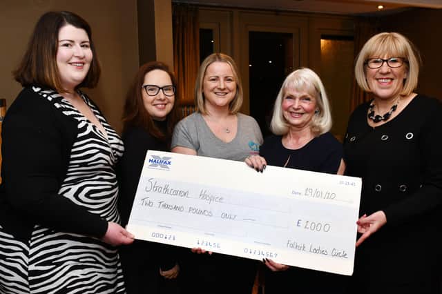 Pictured Kirsti Smith, Vice Chairman Falkirk Ladies Circle; Angela Walsh, Falkirk Ladies Circle member; Leigh Herd, Chairman Falkirk Ladies Circle; Sheila McDuff, Strathcarron Hospice volunteer and Pauline Spiers, owner Catwalk.  Pic: Michael Gillen