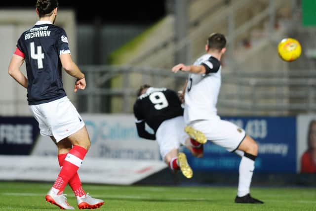 He stooped to head in the Bairns' second. Picture: Michael Gillen