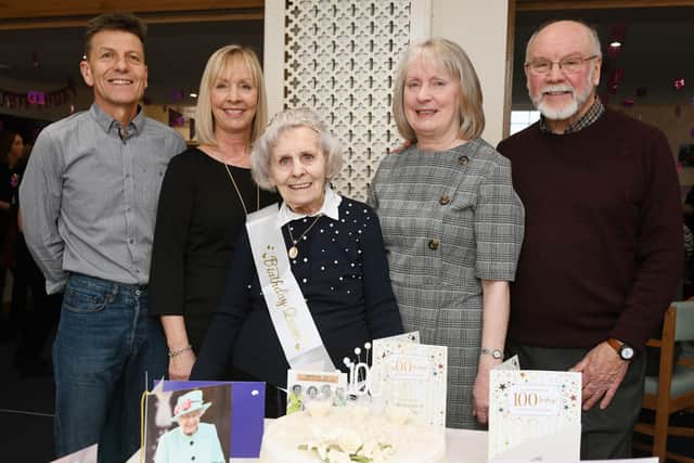 100-year-old Kathleen Cunningham pictured with her son in law, Gordon McKenzie; daughter, Jill McKenzie; daughter, Pamela Dick; and son in law, Raymond Dick.