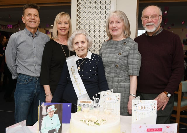 100-year-old Kathleen Cunningham pictured with her son in law, Gordon McKenzie; daughter, Jill McKenzie; daughter, Pamela Dick; and son in law, Raymond Dick.