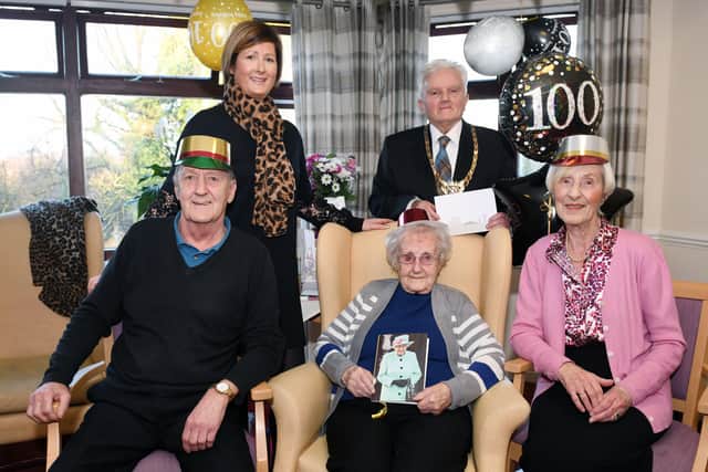 Ann Whyte celebrates her 100th birthday with son Alexander Whyte, granddaughter Lisa Whyte and daughter Janet Fleming.  She was visited by Provost William Buchanan.  Pic: Michael Gillen.