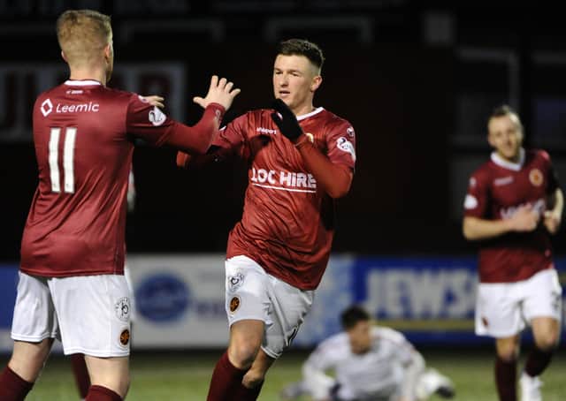 Players celebrate after Stenhousemuir's second goal (Pics by Alan Murray)