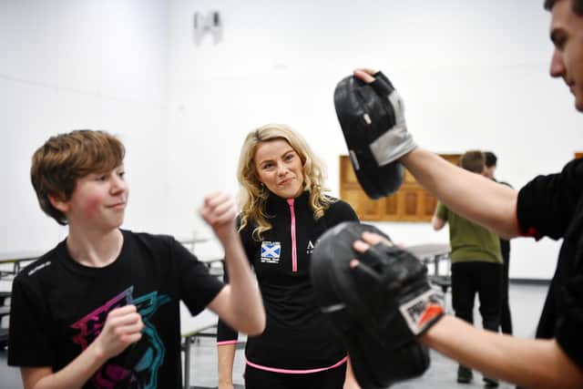 Scotland and Team GB athlete Amy Connell. Karate champion and Tokyo Olympic hopeful, sponsored by ARD Consulting. Amy was hosting a try Karate session with pupils and is now a school sports ambassador at Falkirk High School. Picture: Michael Gillen.