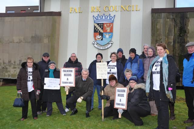 Members of local arts groups staged a demonstration outside Falkirk's municipal buildings on the morning of the council's budget debate.  Pic: Roberto Cavieres